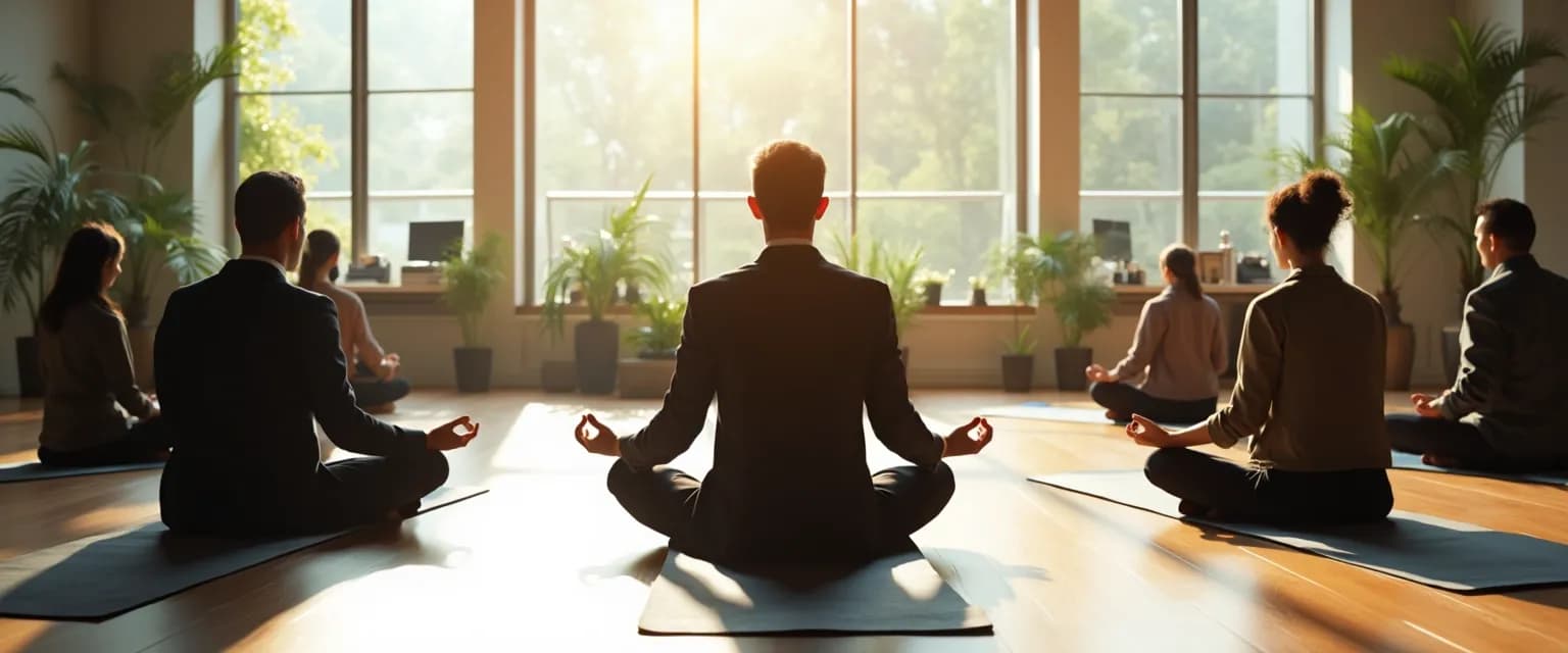 Corporate center for mindfulness program with employees practicing meditation in a dedicated workspace