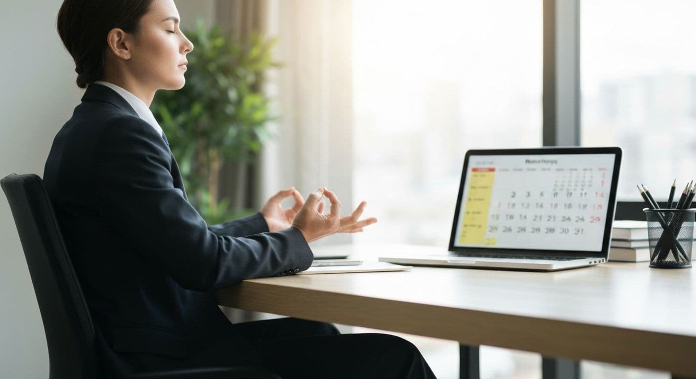 Professional practicing headspace mindfulness during virtual meeting with calm, focused expression