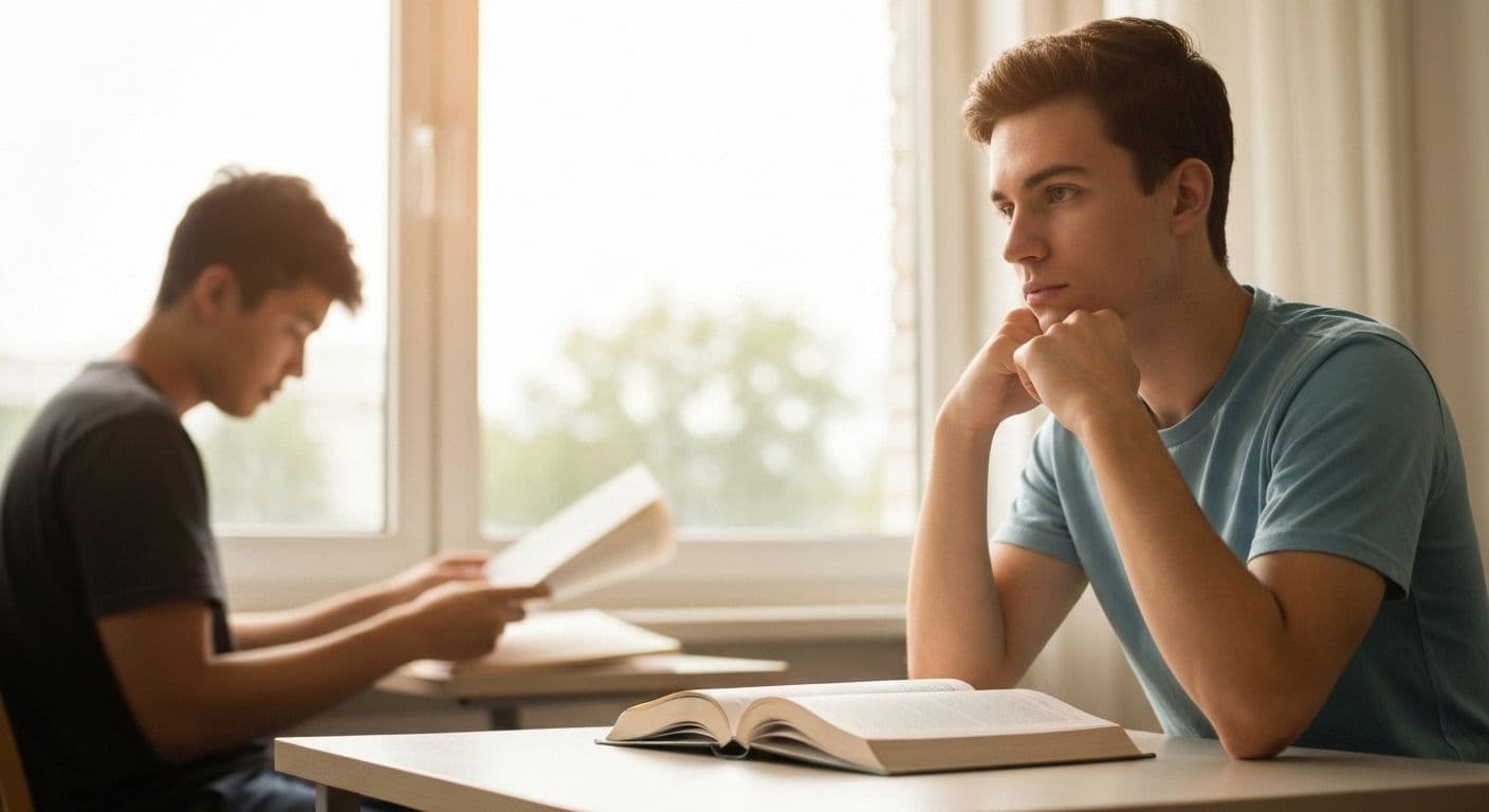 Student practicing self awareness in learning by reflecting on study patterns and memory retention techniques