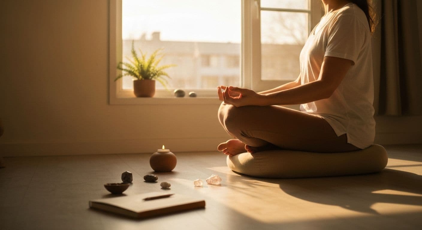 Person practicing self awareness spirituality with morning meditation ritual in peaceful setting