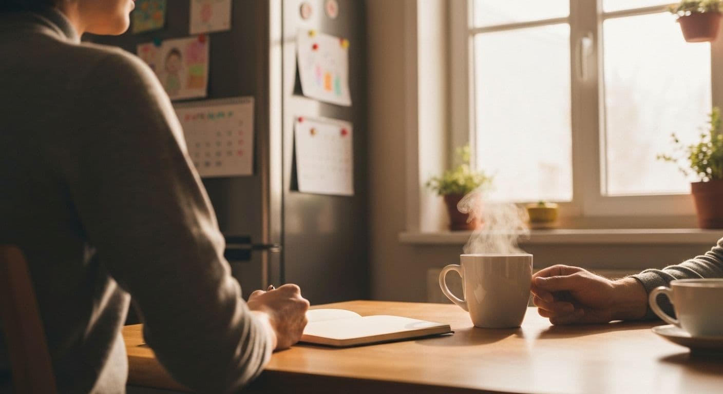 Parent practicing 15 days of self awareness examples during morning coffee time with peaceful expression