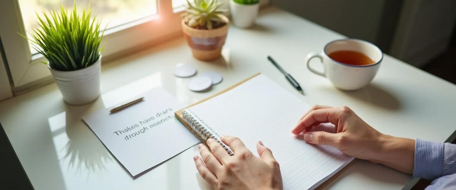 Professional woman practising self-compassion at her desk with a calm expression