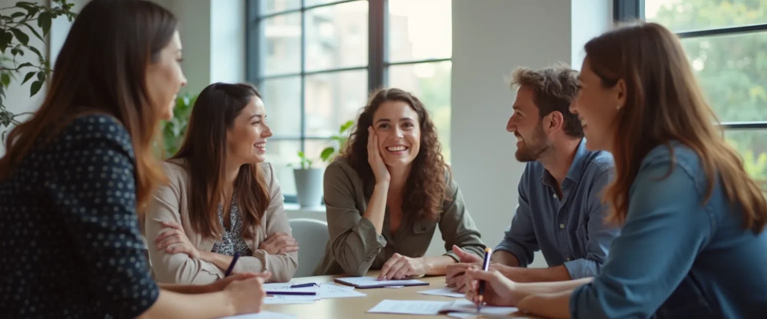 Team leader facilitating emotional intelligence exercises for employees during a meeting