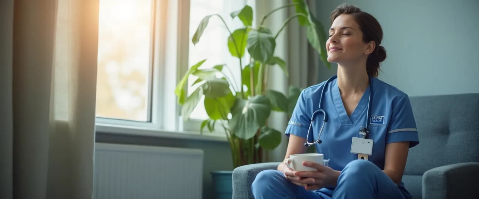 NHS nurse practicing mindfulness techniques during a short break at hospital