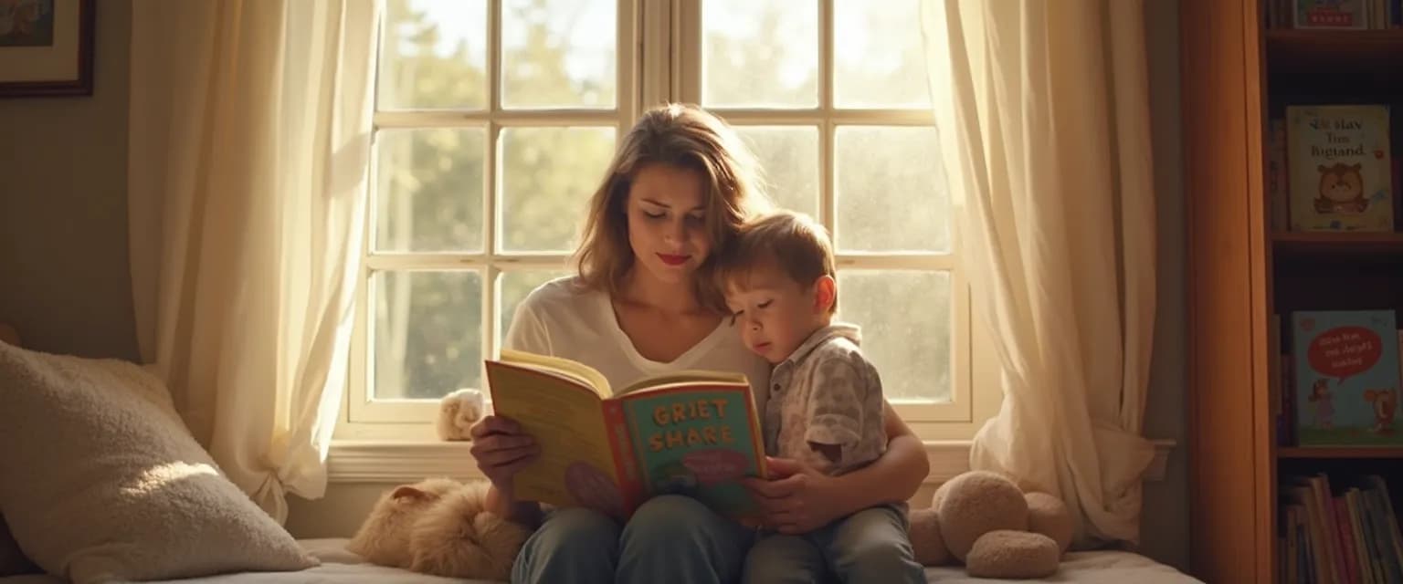 Parent and child reading grief share books together in a comfortable setting