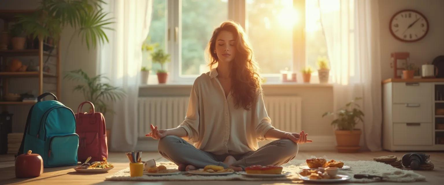 Parent practicing listening meditation mindfulness during busy morning routine with children
