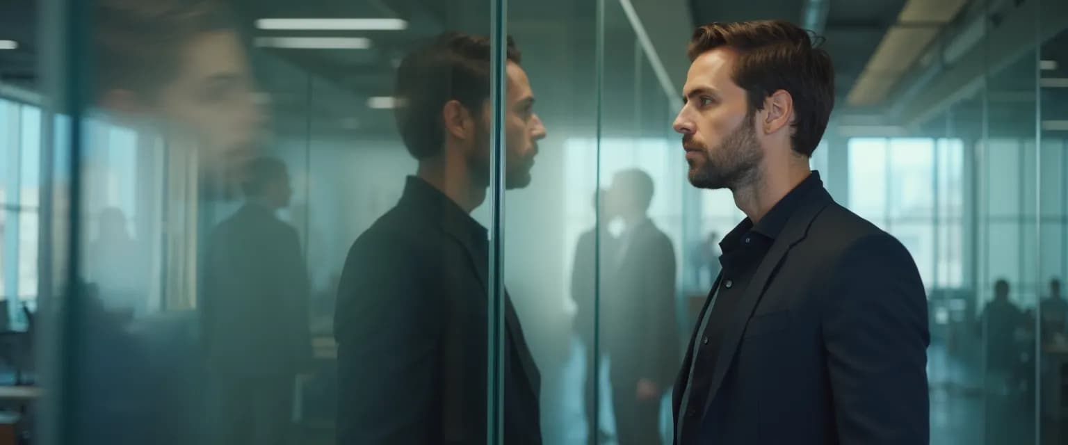 Professional using self and social awareness skills during workplace mirror moment reflection