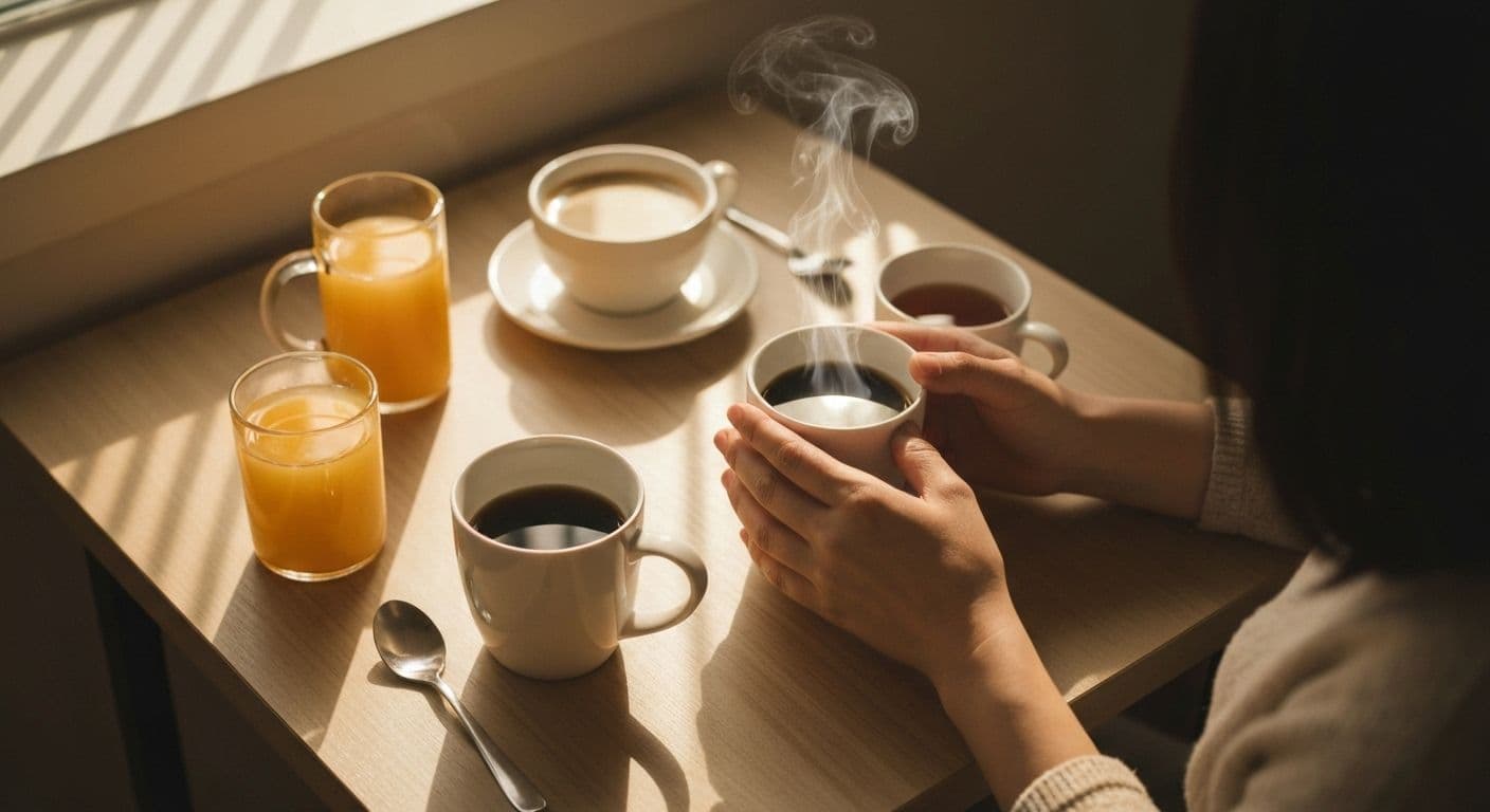 Various morning beverages including coffee, herbal tea, and water representing choices for a good state of mind