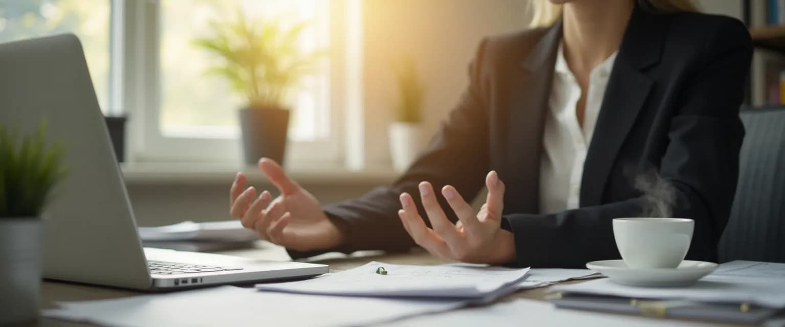 Professional practicing mindfulness based stress reduction technique at desk