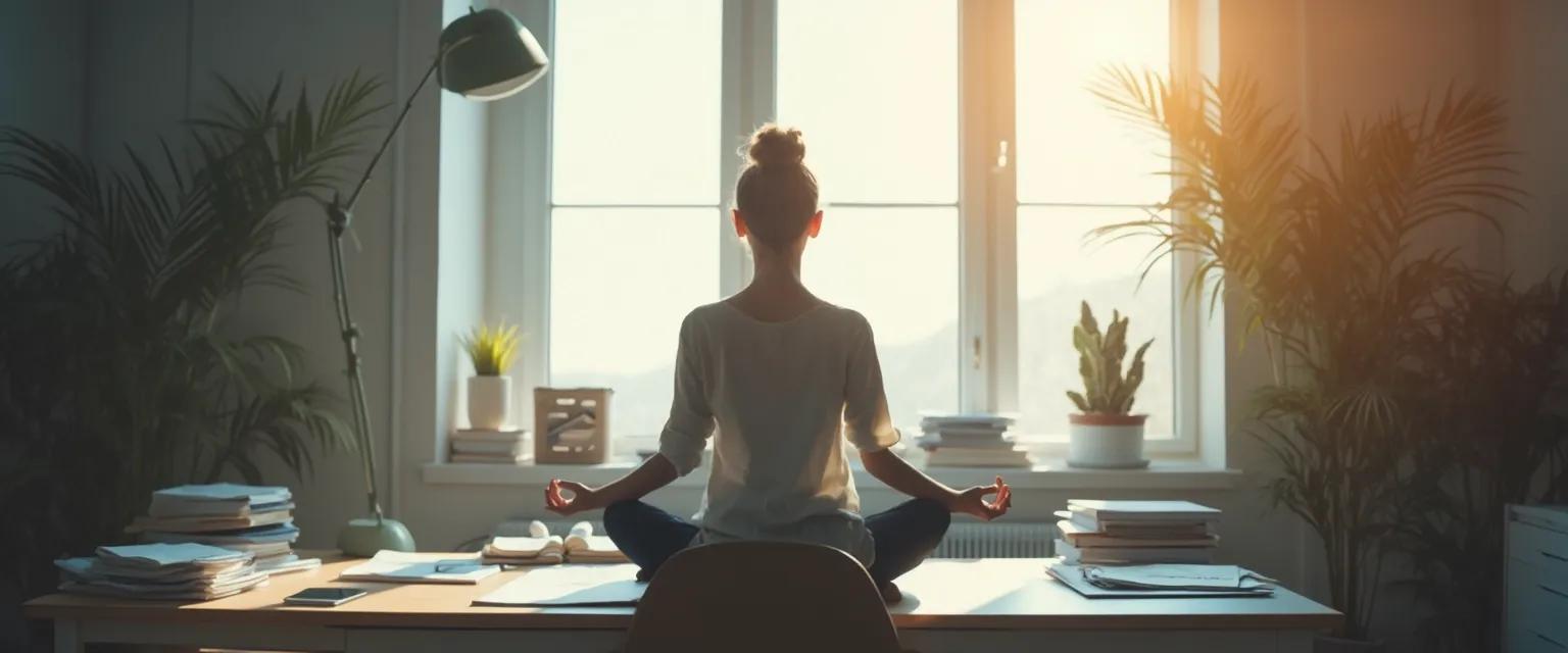 Professional using techniques to quiet their mind during a busy workday