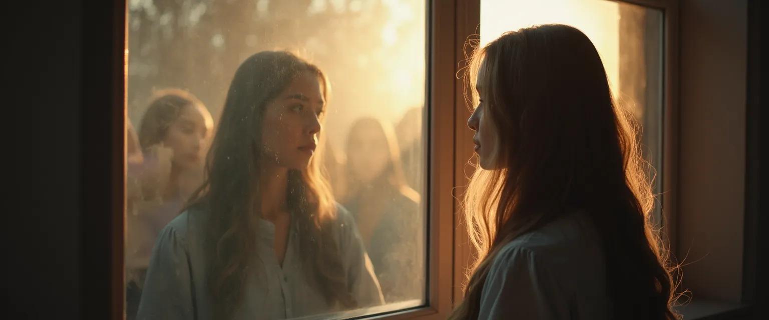 Person looking in mirror while extending hand to others, symbolizing self-awareness and empathy connection