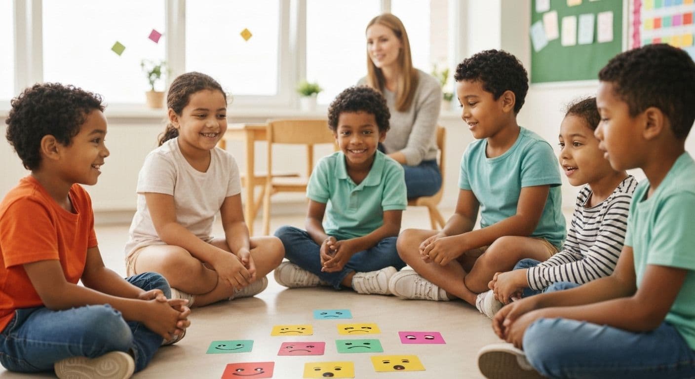 Parent and kindergarten child playing emotion recognition game to develop self awareness for kindergarten social skills