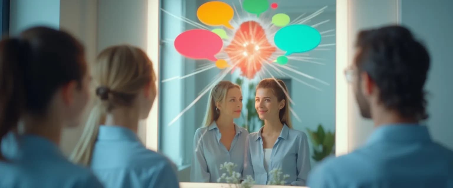 Person receiving feedback to develop external self-awareness through mirror techniques