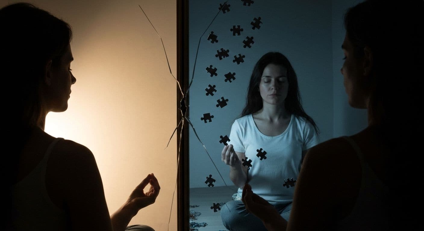 Person reflecting on self awareness and self acceptance while looking in mirror with thoughtful expression