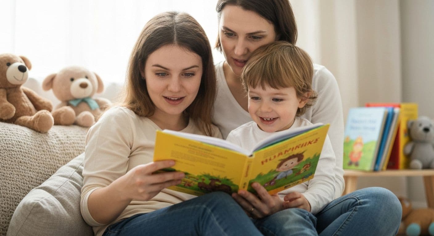 Parent reading with preschooler teaching self awareness through storytelling and character discussion