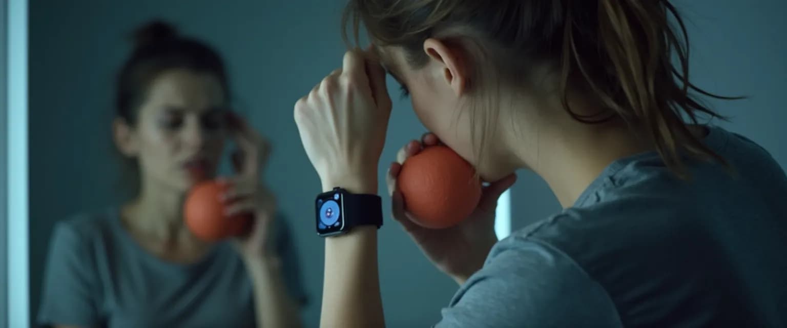 Woman recognizing how her body speaks her mind through physical stress signals