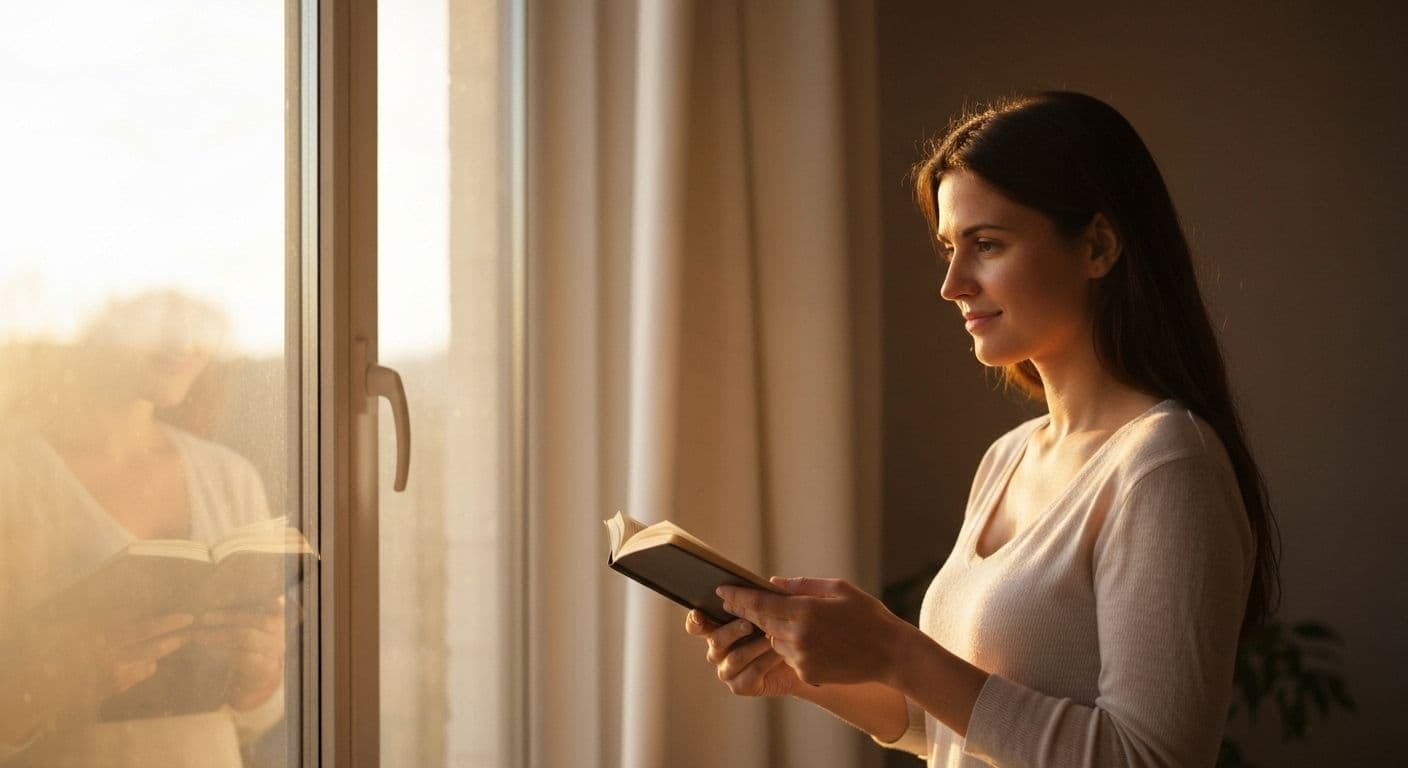 Person practicing affirmation practices post breakup while looking in mirror with peaceful expression