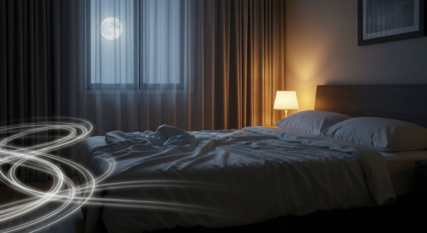 Person lying awake in bed with restless mind experiencing racing thoughts at night