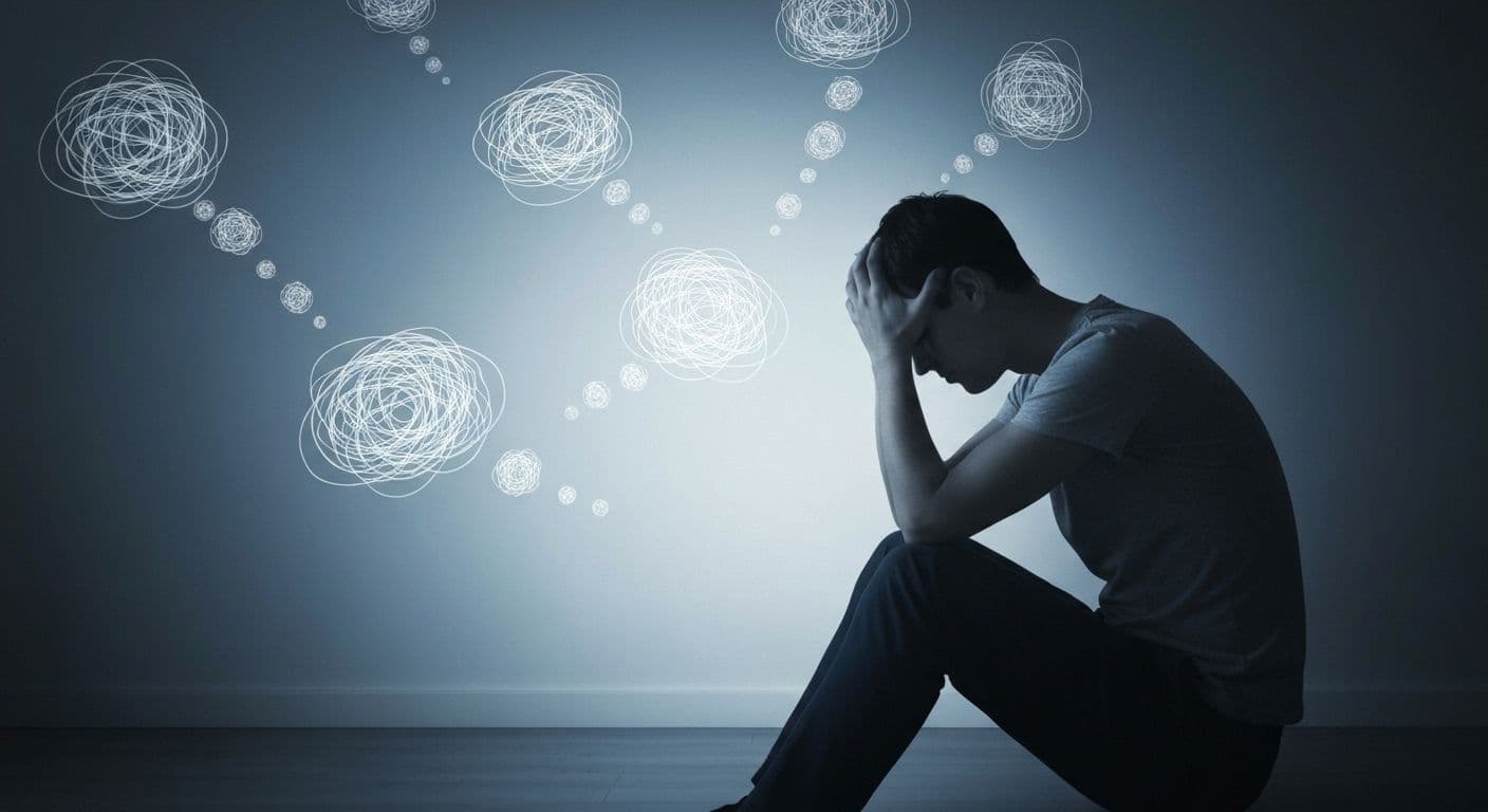 Person experiencing mental exhaustion from over self awareness and excessive introspection