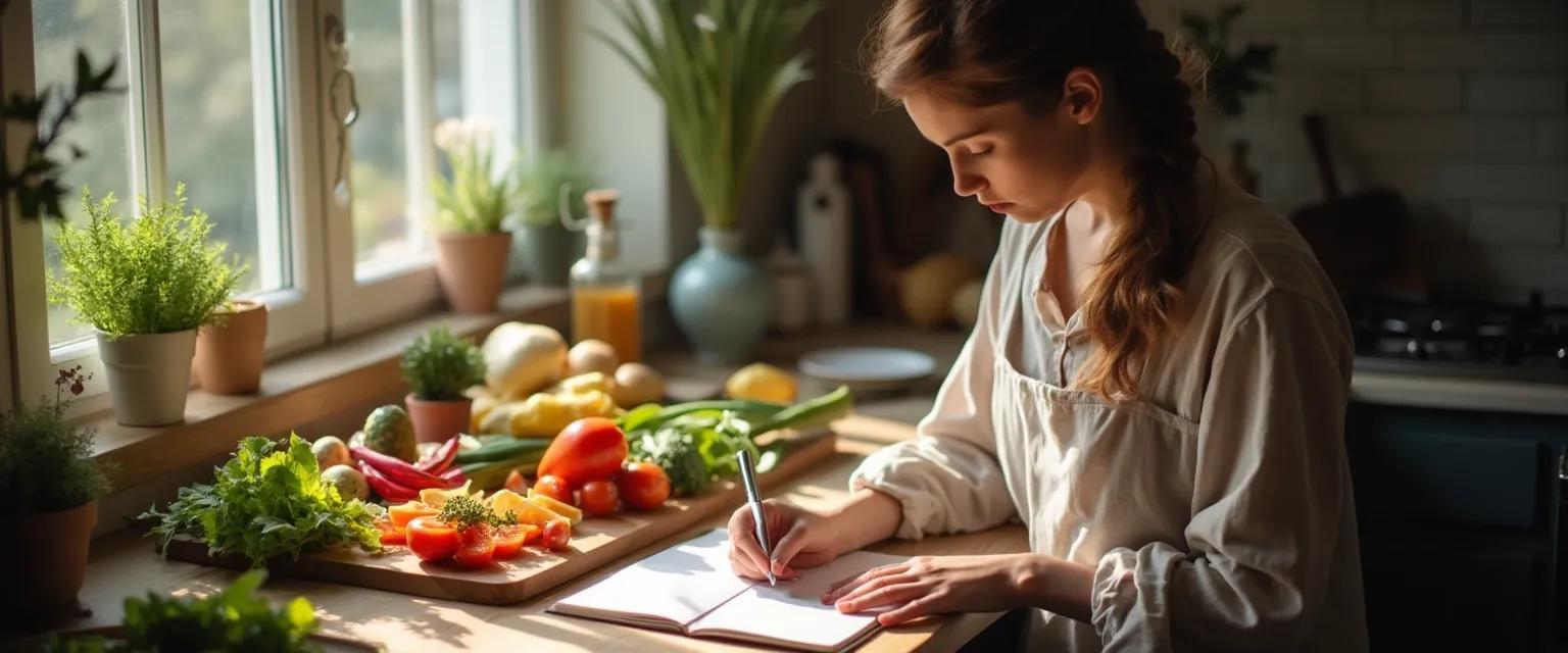 Person practicing metacognition and self-awareness while mindfully preparing food in kitchen