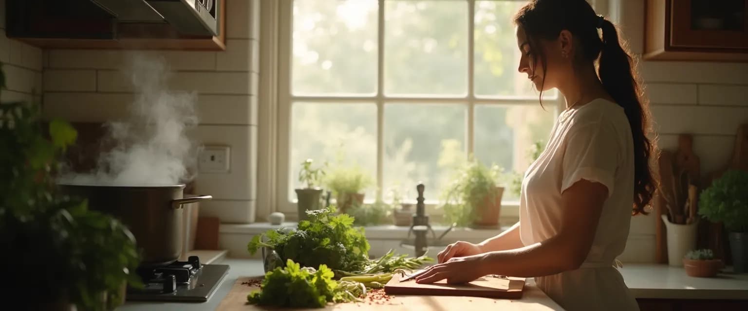Person practicing mindful elevation while chopping vegetables in a sunlit kitchen