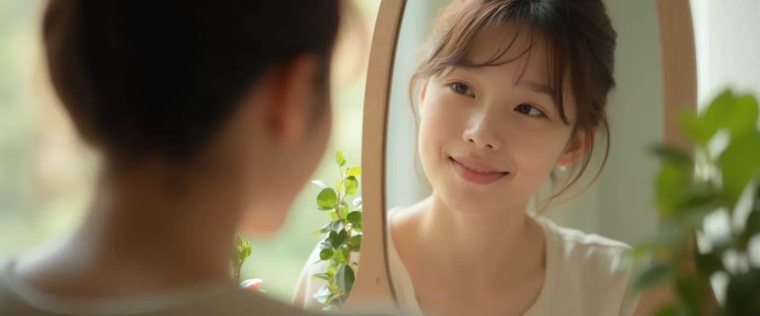 Person practicing self awareness and growth through mindful reflection in a mirror