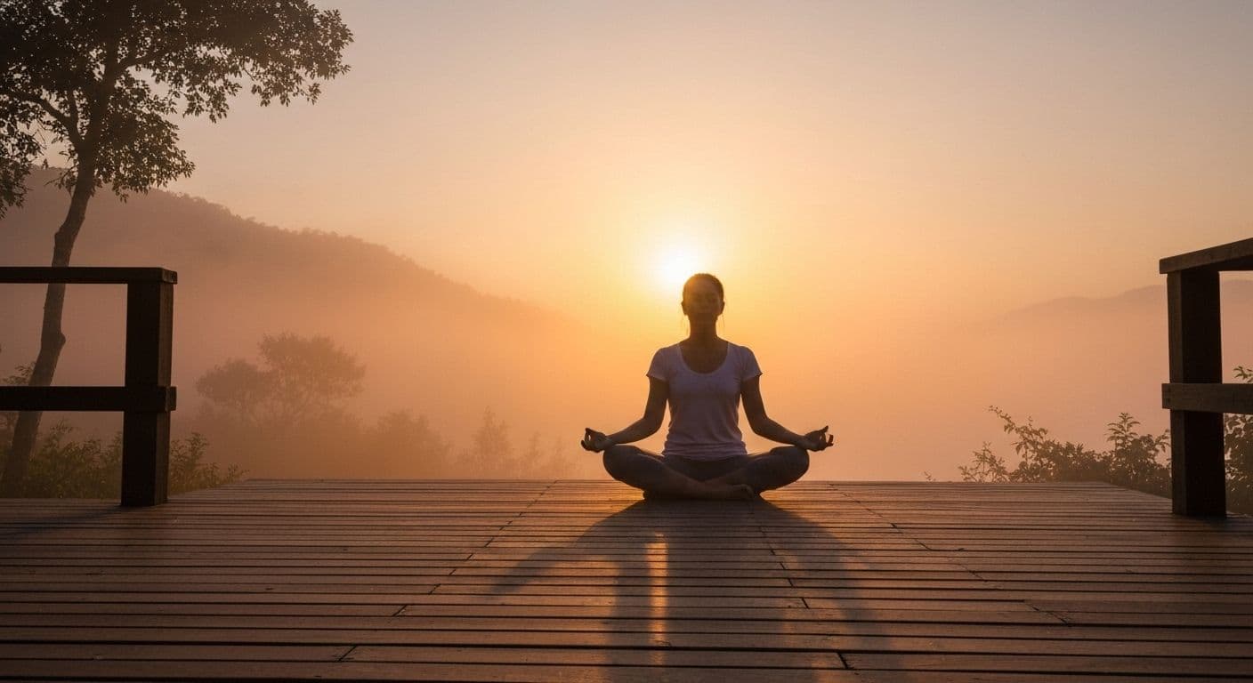 Person practicing morning meditation for peace of mind in peaceful sunrise setting