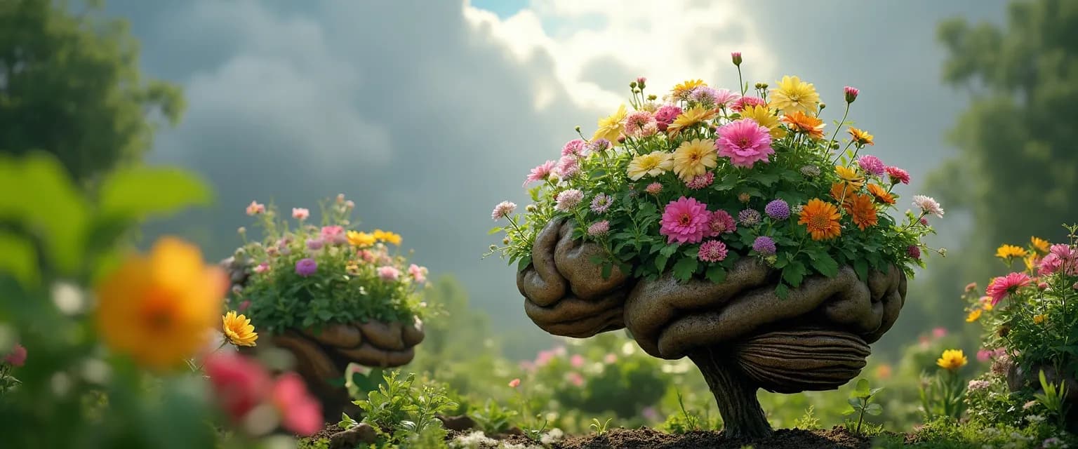 Person tending to a symbolic garden for your mind with positive thoughts blooming