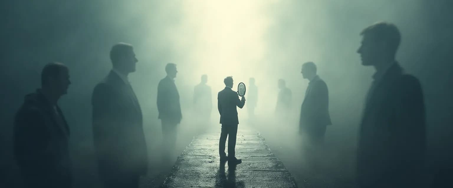 Leader examining ethics and self-awareness through a magnifying glass, revealing hidden ethical blind spots