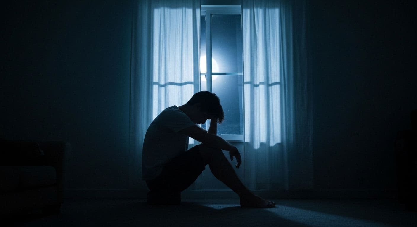 Person sitting peacefully in softly lit bedroom managing heartbreak grief at night with calming routine