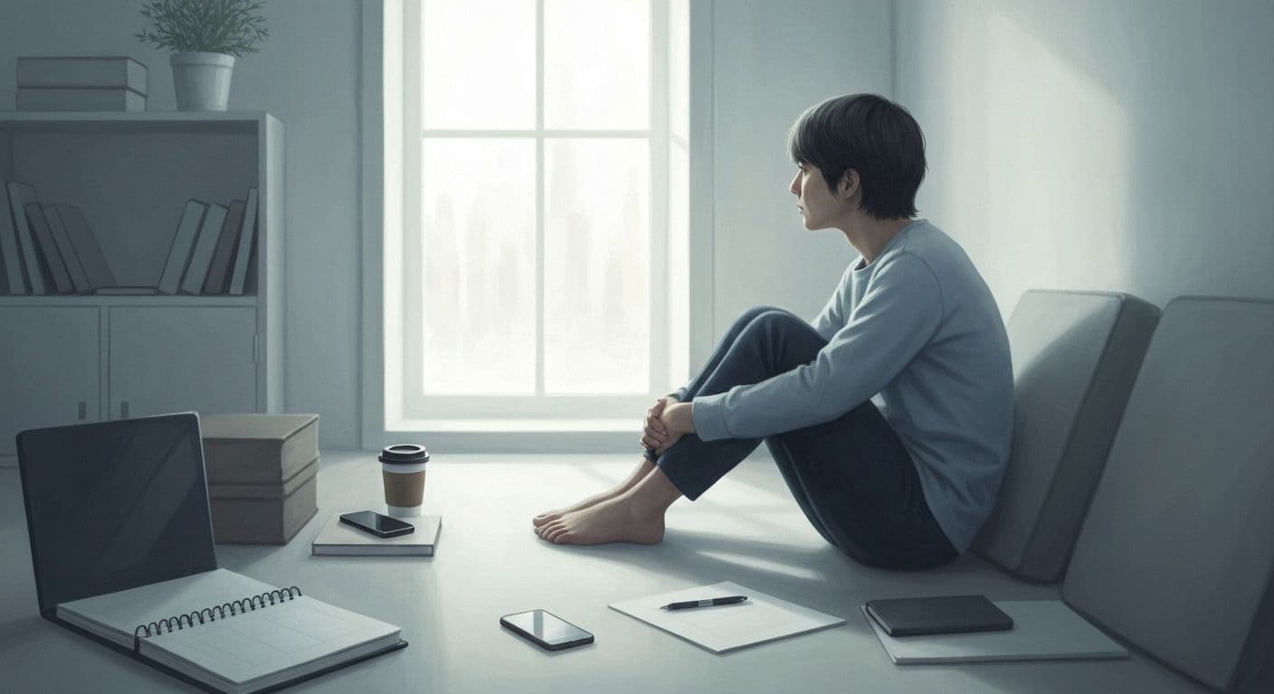 Person looking thoughtful while sitting still, representing the importance of pausing instead of staying busy to get over a breakup