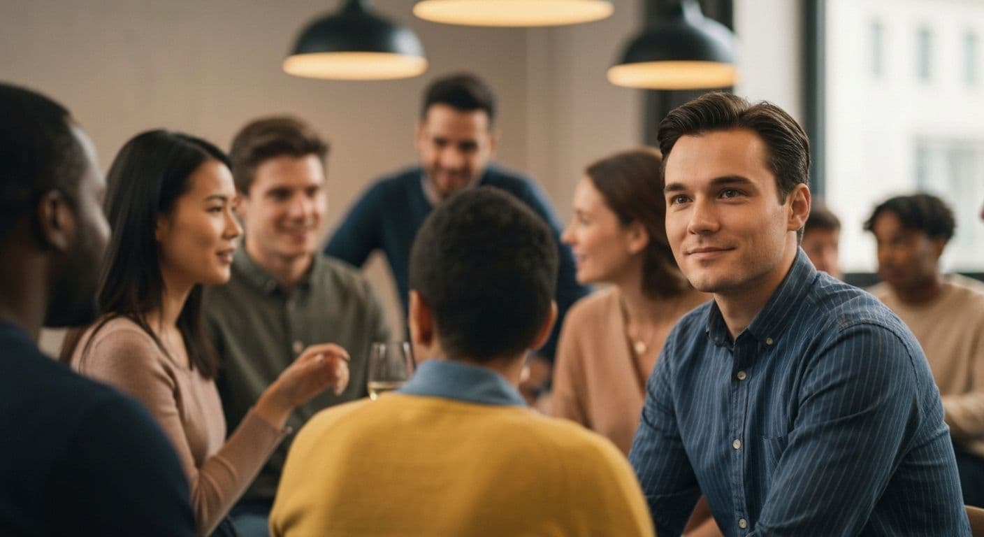 Person observing group interaction demonstrating awareness of self and others in social setting