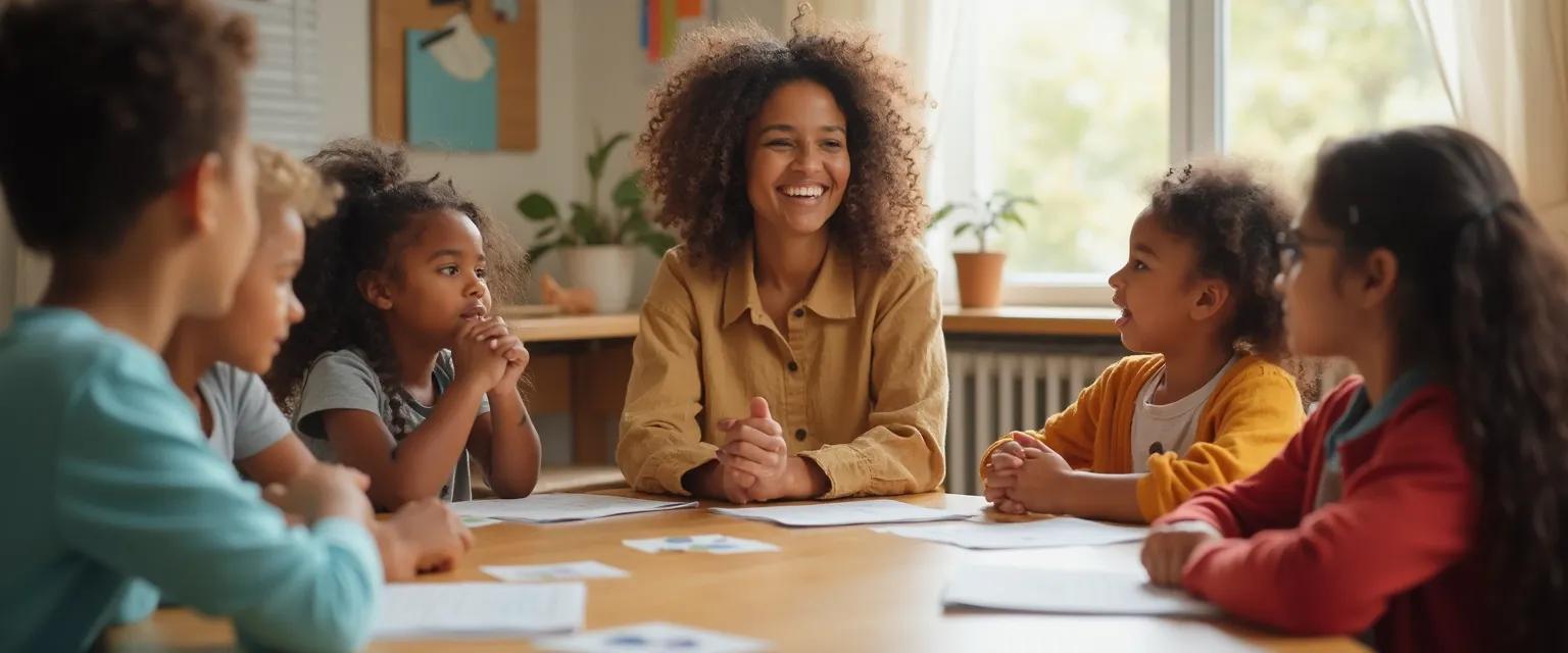 Teacher practicing self-awareness techniques in a classroom setting