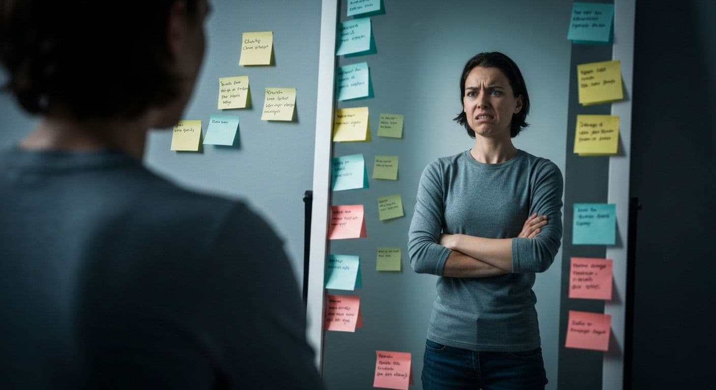 Person looking at reflection representing having self awareness but needing action to create change