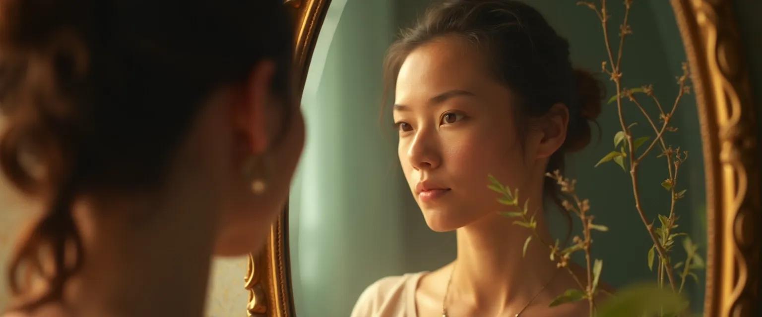 Person reflecting on self-awareness which is knowledge in a mirror, transforming insight into action