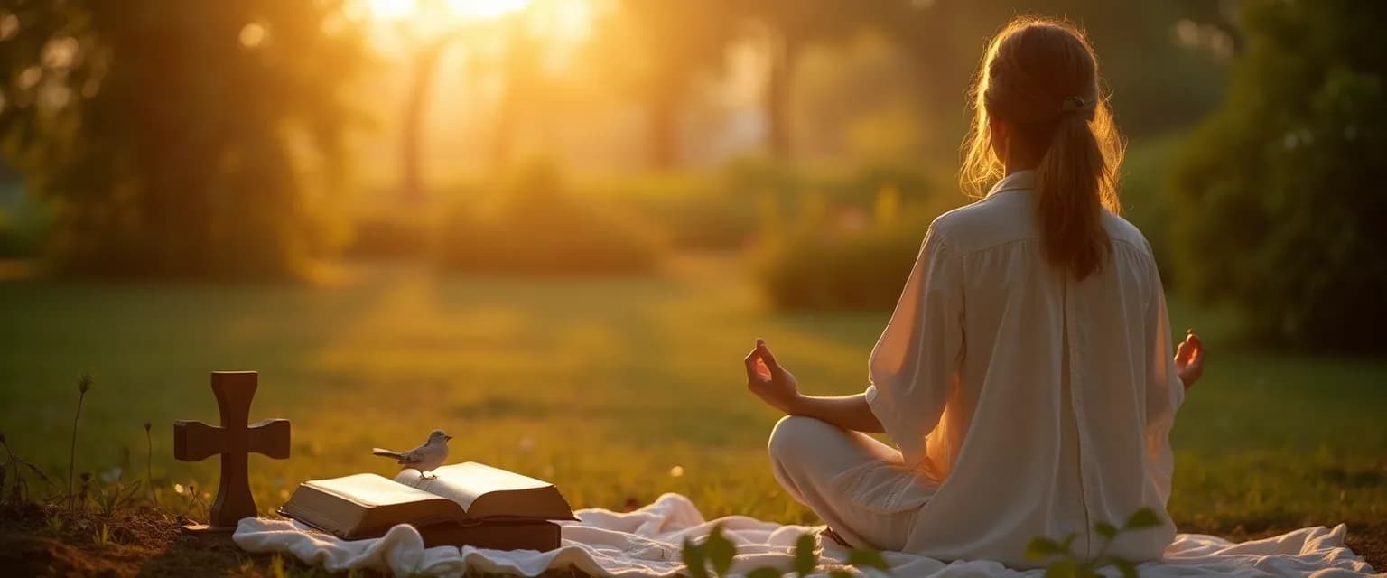 Person practicing Christian mindfulness meditation with Bible and journal