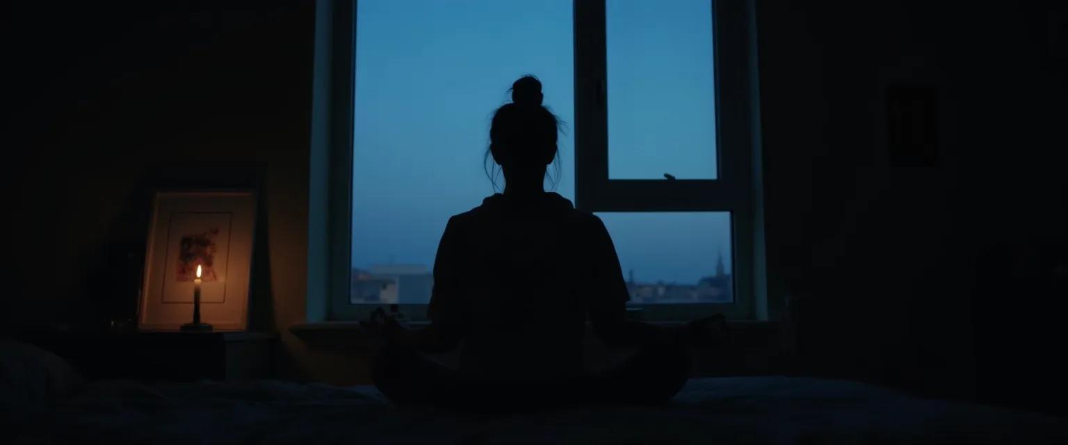 Man practicing early morning meditation and grief ritual at dawn by window