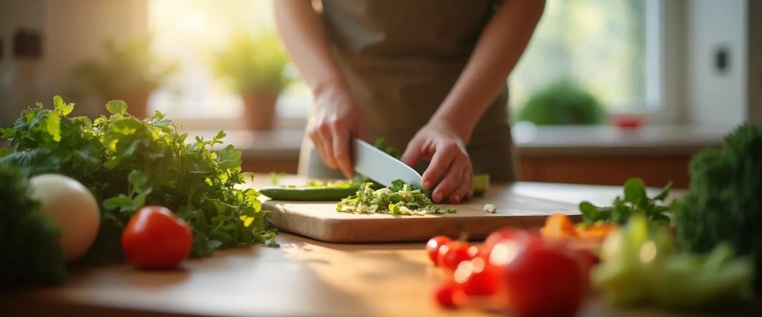 Person practicing kitchen mindfulness for heightened self-awareness while cooking