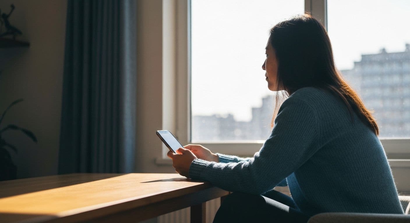 Person putting phone away peacefully, symbolizing overcoming a breakup through healthy digital boundaries
