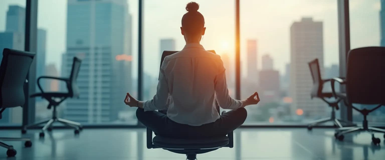 Professional practicing healthy mind and body techniques at desk