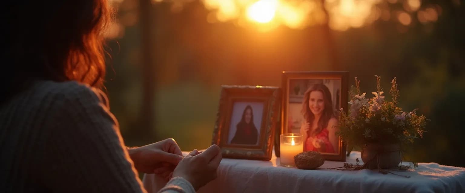 Woman engaging in silent ritual while grieving a spouse by arranging memory objects