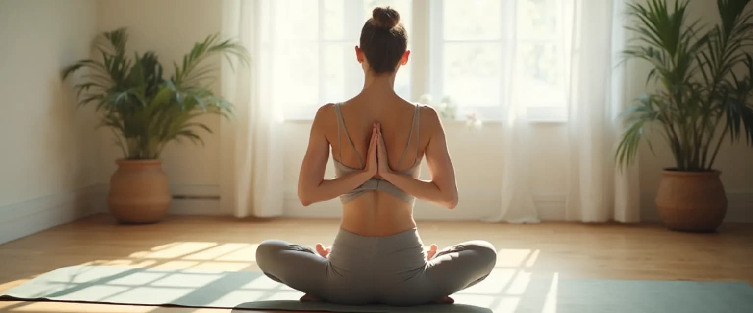 Woman practicing gentle yoga for self awareness in a peaceful setting