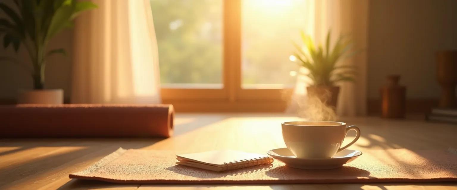 Person enjoying peace of mind during morning ritual at sunrise