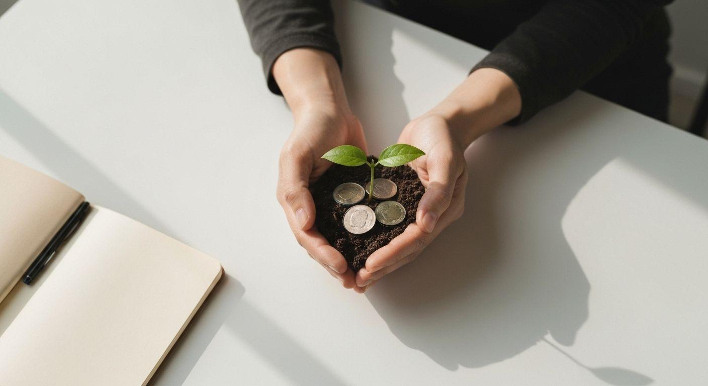 Person practicing money mindfulness while reviewing finances calmly and mindfully