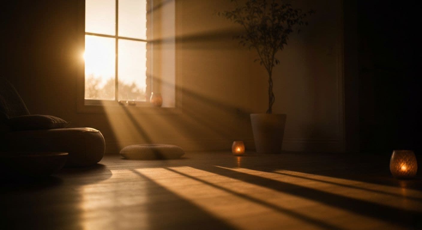 Person practicing grief meditations during peaceful morning hours with natural sunlight