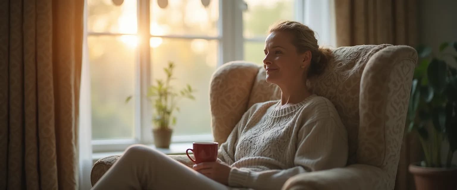 Caregiver practicing self care and self awareness with a peaceful expression