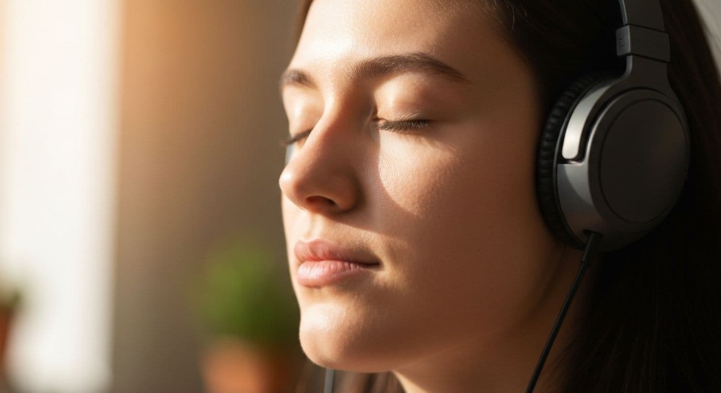 Person practicing mindful music listening with headphones in peaceful setting