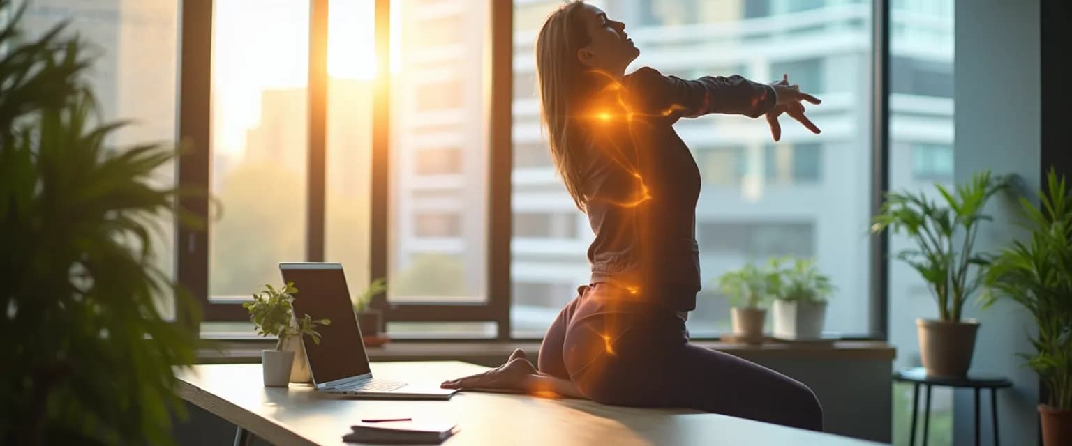 Professional practicing subtle mindful movements at desk for energy boost