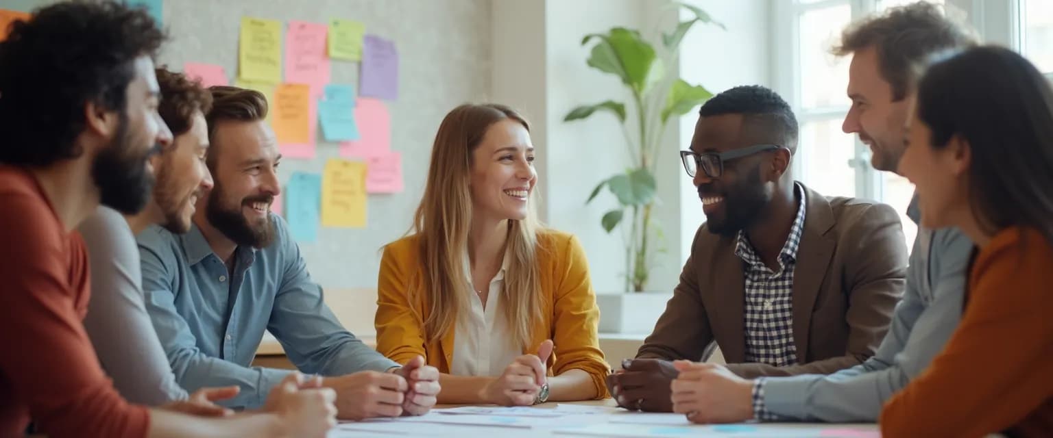 Team members engaged in teamwork emotional intelligence exercises in an office setting