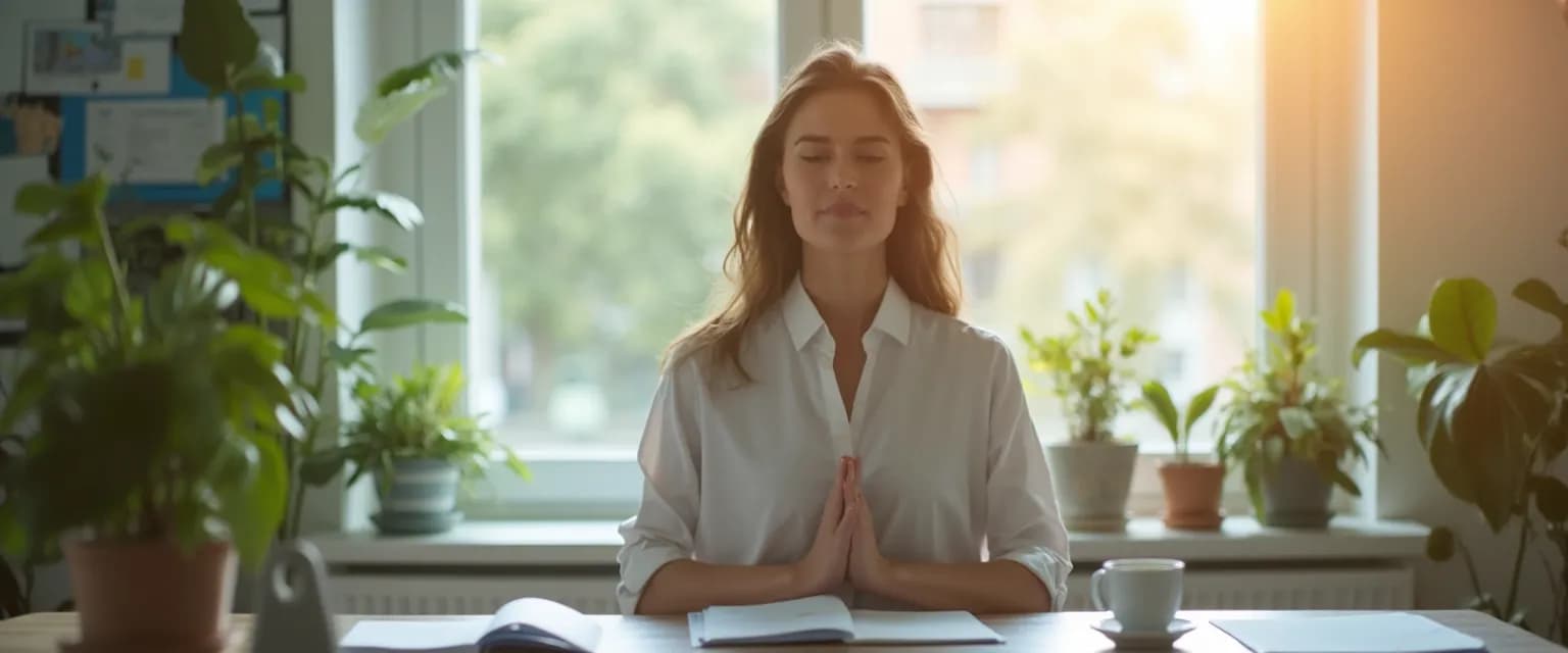 Professional using Paul McKenna's positivity techniques during a busy workday